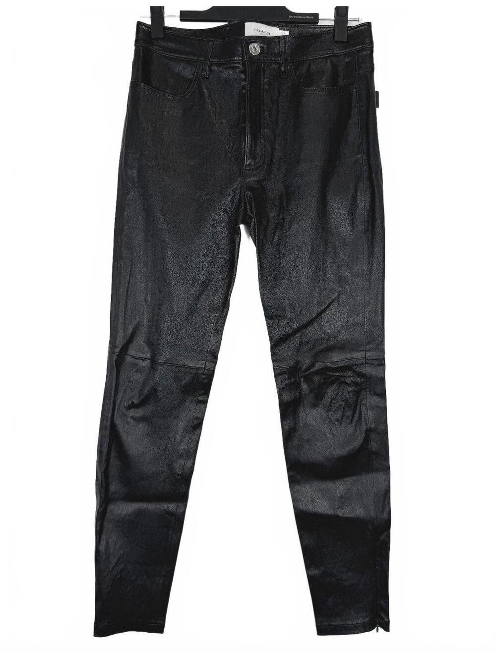 Coach Black Stretch Lambskin Leather Skinny Moto Pants Ankle Zip Size 6